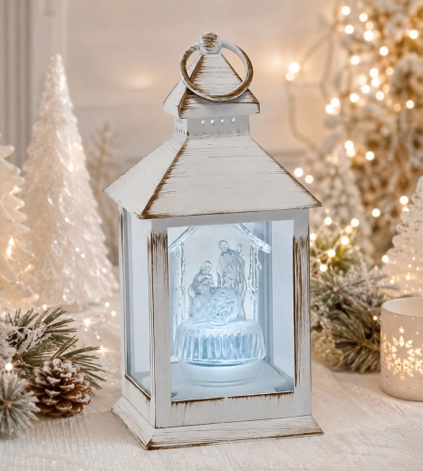 Witte ledlantaarn met de Heilige Familie