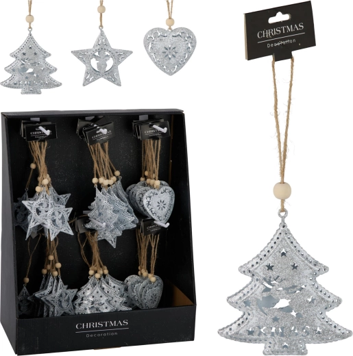 Kersthanger metalen decoratie mix van vormen 7–7,5 cm, wit