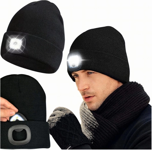 Schwarze Wintermütze mit LED-Stirnlampe zum Laufen