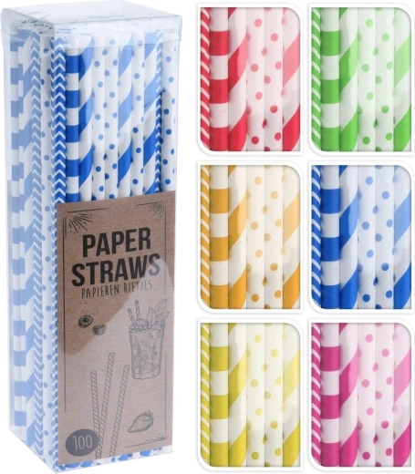 Papiertrinkhalme 6 × 195 mm, Farbmix und Dekore (100 Stk.)