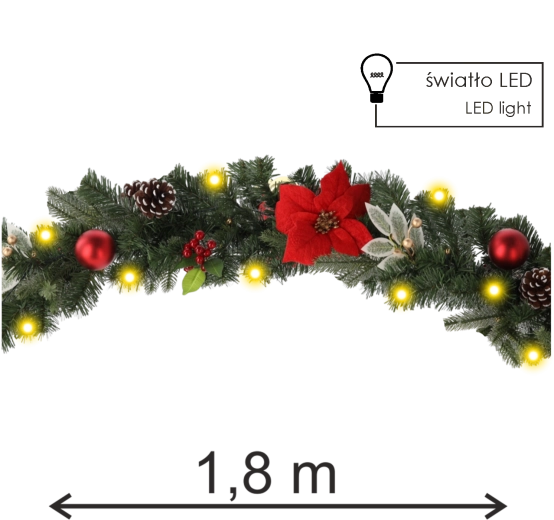 Christmas LED garland 180 cm, red‑gold, 20 LED