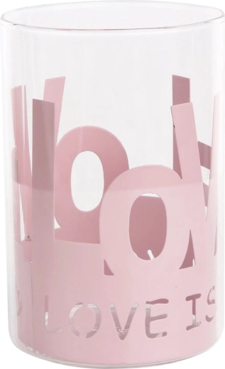 Photophore en verre Love avec protection métallique rose