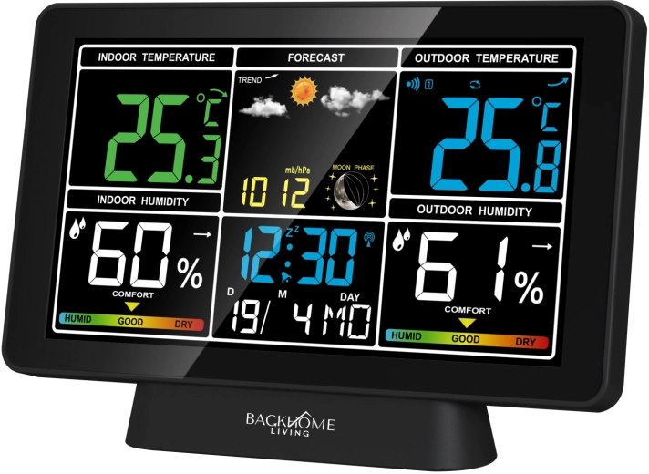 Station météo numérique avec RCC, secteur/batterie, noire 20 × 4 × 13,5 cm