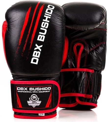 Gants de boxe DBX Bushido en cuir, noir‑rouge