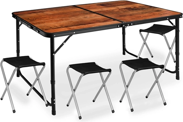 Folding camping set with table and 4 stools in wood imitation, 5-in-1 suitcase