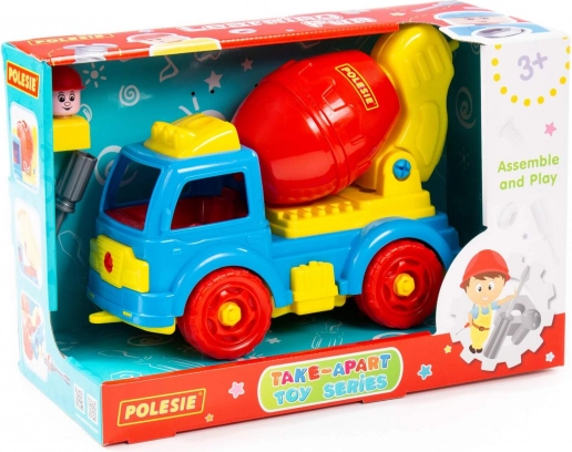 Take-apart concrete mixer with tools and figure, 29 pieces