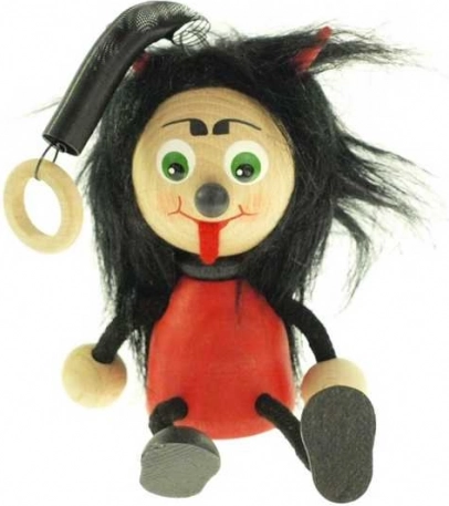 Teufelchen an Feder – hölzerne Hängebildfigur