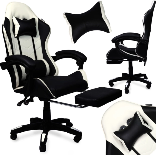Fauteuil gaming pivotant noir et blanc en similicuir avec repose-pieds
