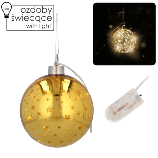 Glas-Weihnachtskugel 10 cm mit goldenen Sternchen und LED-Beleuchtung, Set mit 6 Stück