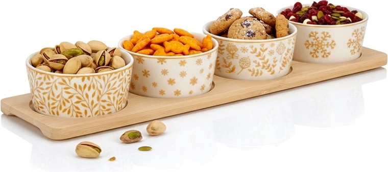 Porseleinen schaaltjes voor hapjes op bamboe dienblad, 5-delige set