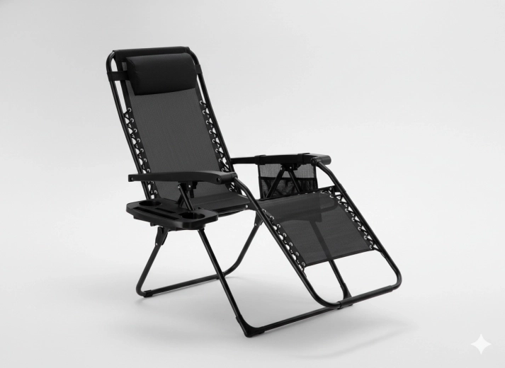 Chaise longue de jardin réglable Zero Gravity, pliante, avec plateau porte-boisson et poche, noire 65 × 176 × 110 cm