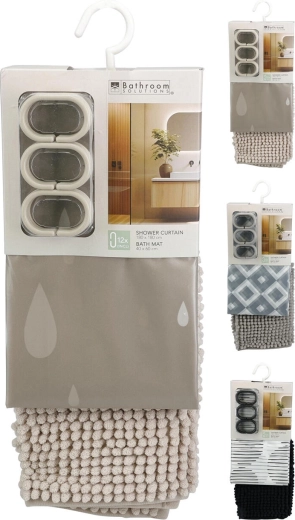 Badezimmer-Set mit Duschvorhang und Badematte, Farbmix