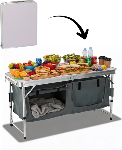 Folding camping cabinet with work table 120 × 47 × 68 cm