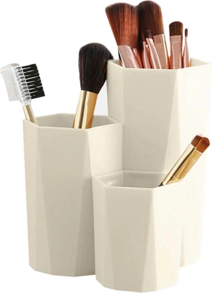 Organisateur pour pinceaux et cosmétiques avec 3 compartiments, couleur crème