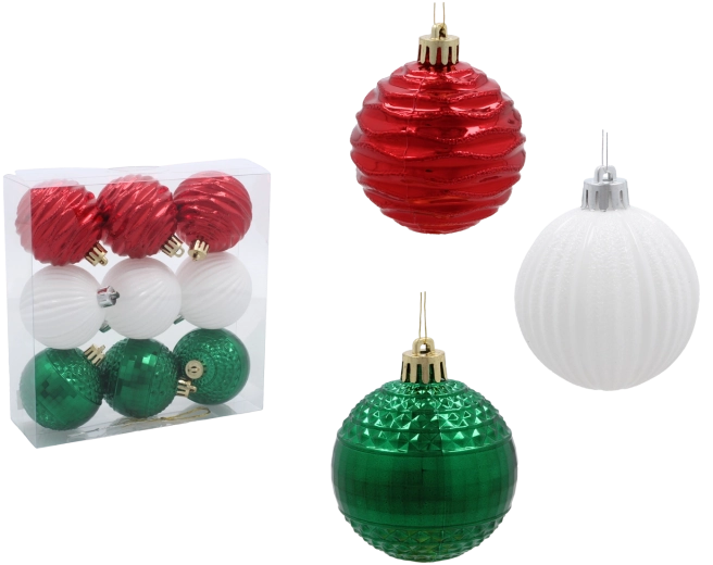 Set van kerstballen 6 cm – rood, groen en wit (9 stuks)