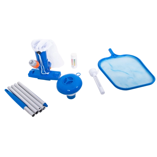 Large pool cleaning set with dispenser, thermometer, pH tester, and vacuum