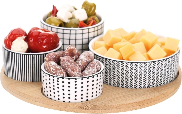 Porcelain snack bowls on a bamboo tray, 5-piece set