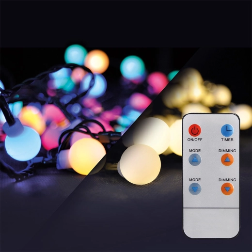 Solight guirlande LED de Noël d’extérieur 2-en-1 avec boules et télécommande, 100 LED, RGB + blanc neutre, 10 m + 5 m, IP44