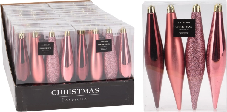 Kerstversieringen ijspegels 15 cm, roze, set van 4 stuks