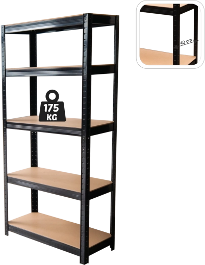Five-shelf metal rack 180 × 90 × 40 cm, black, shelf load capacity 175 kg