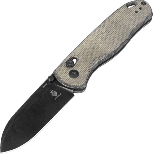 Kizer Drop Bear zakmes 7,6 cm, zwarte stonewash, groene micarta