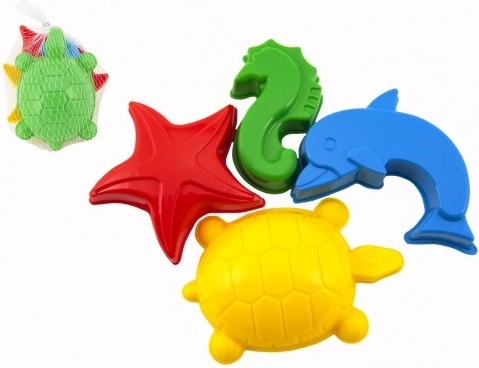Plastic zandvormpjes – zeedieren, set van 4 stuks in netje