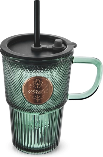 Tasse en verre avec couvercle et paille VERDE 450 ml
