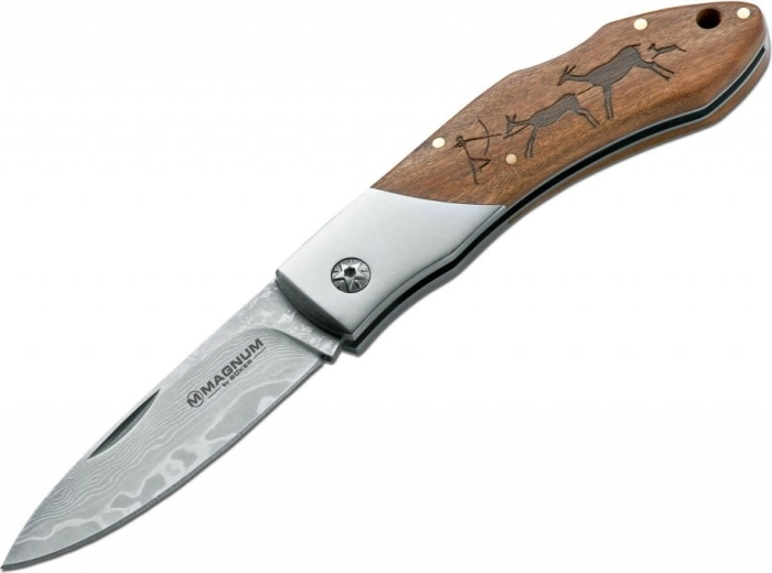 Magnum Cavemen Damast pocket knife 8.2 cm with Damascus blade and wooden handle