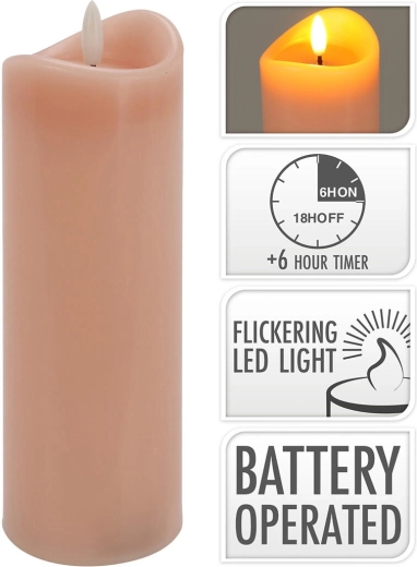 Bougie LED 7 × 20 cm avec flamme vacillante et minuterie – rose