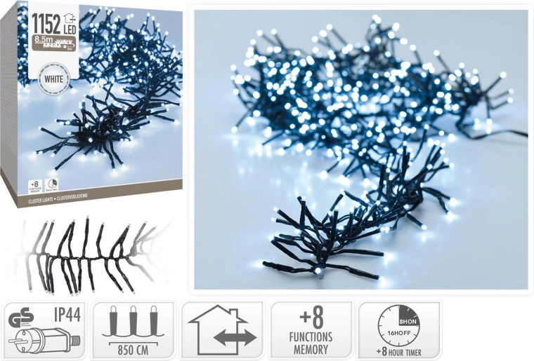 Weihnachtliche LED-Lichterkette 8,5 m, Kaltweiß, 1152 LEDs, 8 Funktionen mit Timer