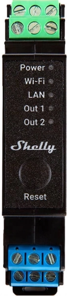 Shelly Pro 2PM dual-channel relay on DIN rail with WiFi/LAN and power measurement