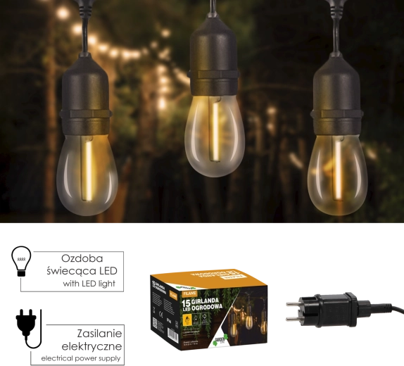 FILAME Garden LED String Lights with Remote Control, 18 m, 15 Bulbs, Warm White