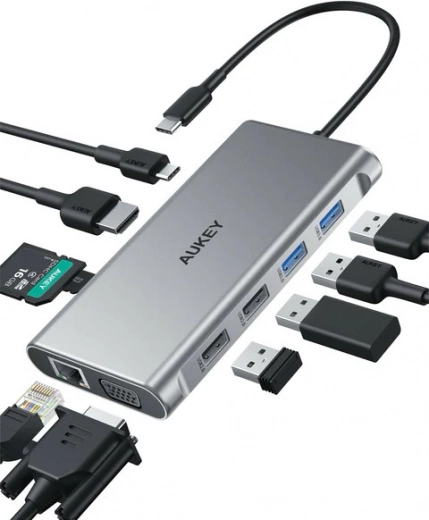 Aluminum USB‑C Hub 10‑in‑1 with Ethernet, 4K HDMI, VGA, Card Reader and 100 W PD AUKEY