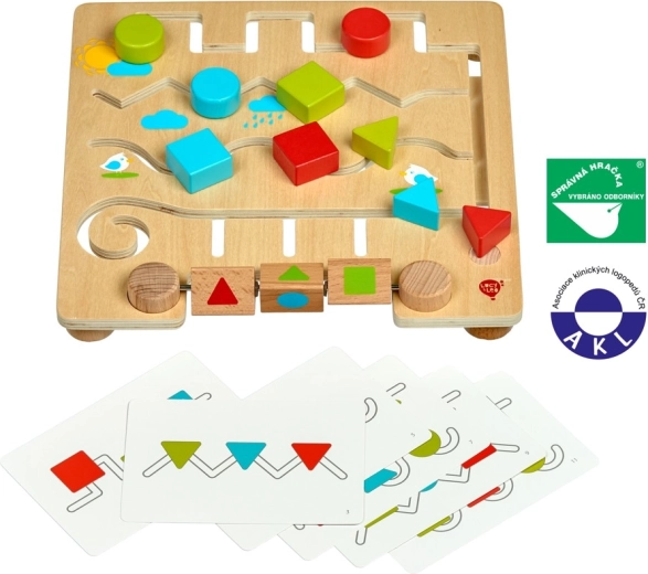 Houten doolhof met geometrische vormen en voorbeeldkaarten LUCY & LEO