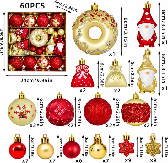 Christmas shatterproof tree ornaments, set of 60 pieces