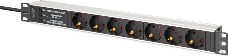 Barrette PDU pour rack 19" avec protection contre les surtensions et filtre EMI/RFI, 7 prises Schuko, câble 2 m, fiche CEE 7/7, 16 A