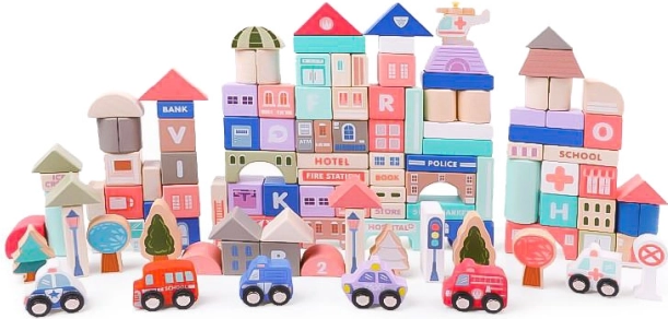 Houten educatieve blokken stad met basis 115 stuks ECOTOYS
