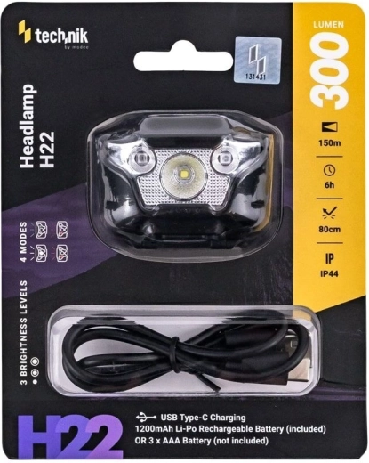 Technik hoofdlamp H22 met USB‑C, wit, rood en groen licht (300 lm)