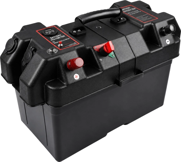 Draagbare box voor 12V-accu met voltmeter en 2× USB