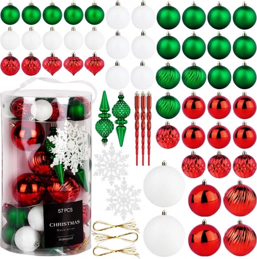 Set onbreekbare kerstversieringen rood, groen en wit – 57 stuks