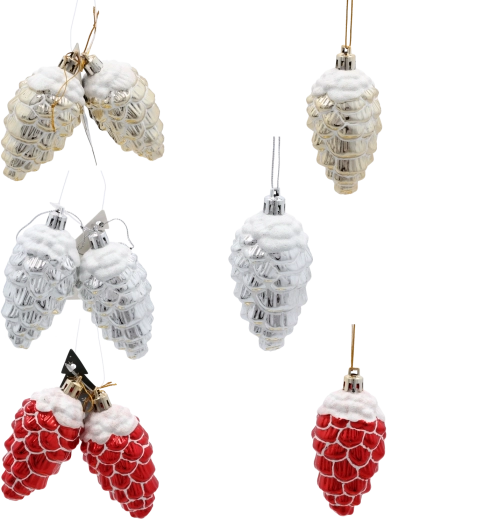 Set de décorations de Noël pommes de pin 9 cm – plastique brillant en or, argent et rouge