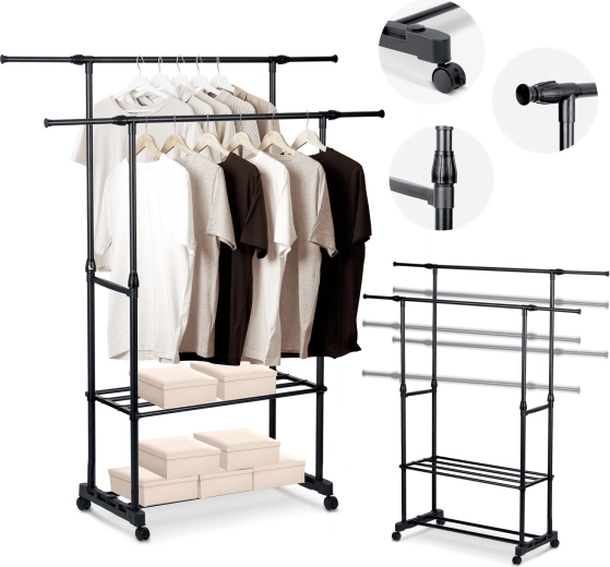 Staande kledingrek Massido, zwart, met wieltjes en legplanken