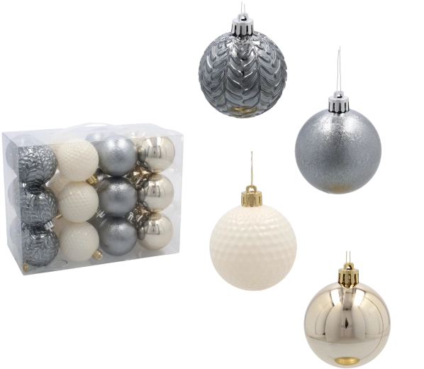Set van kerstballen 6 cm – champagne, grijs en wit (24 stuks)