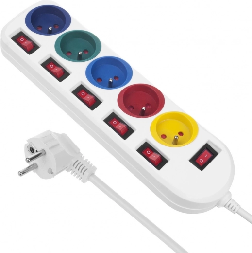 Surge-protected power strip with 5 outlets and individual switches
