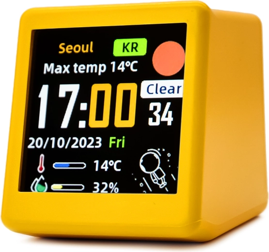 Smart electronic alarm clock with Wi‑Fi, LCD display and weather station (yellow) - 1 piece