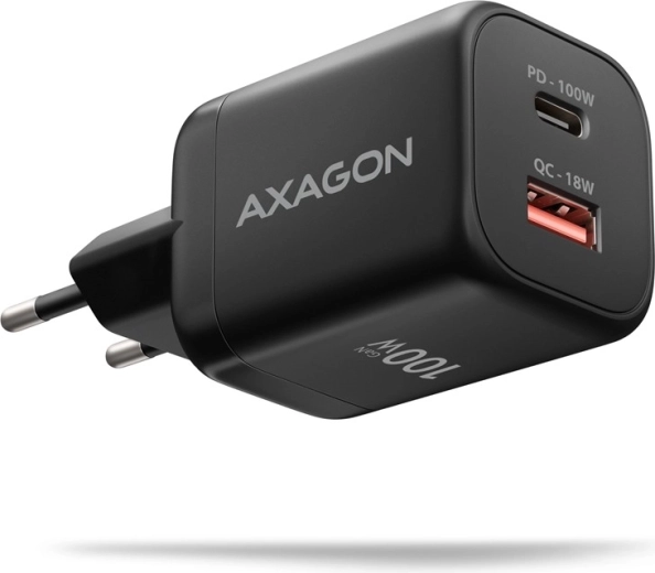 Chargeur secteur AXAGON GaN 100 W avec deux ports USB-C et USB-A