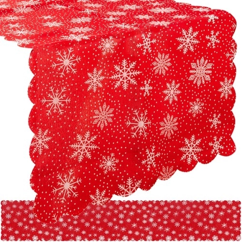 Long Red Christmas Tablecloth with White Snowflakes 220 x 35 cm