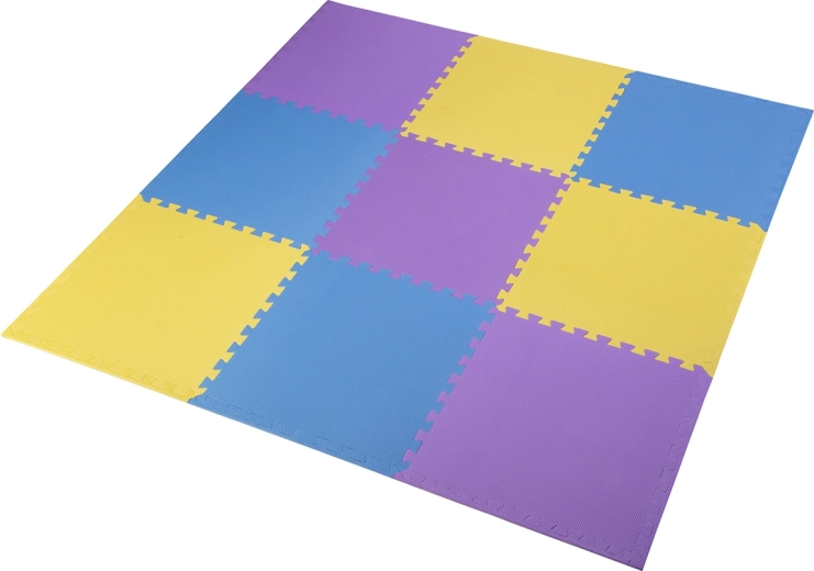 Schützende Puzzle-Unterlage aus EVA-Schaum gelb–blau–violett