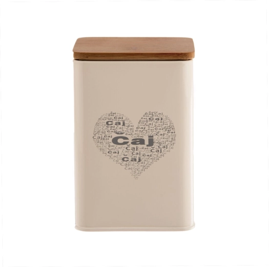 Decorative tea tin with “Tea HEART” motif, metal and wood, 14 cm