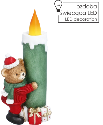 Christmas LED candle decoration with a bear in a hat and scarf